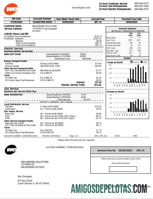 imprimível Modelo de conta de serviços públicos de negócios de eletricidade da We Energies EUA Wisconsin em formatos Word e PDF